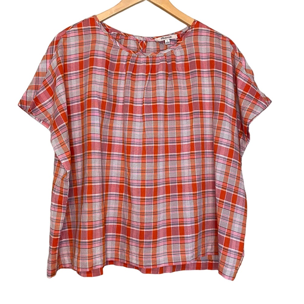 🚫SOLD🚫Madewell Shirred-Neck Red Picnic Plaid Boxy Top Size Small